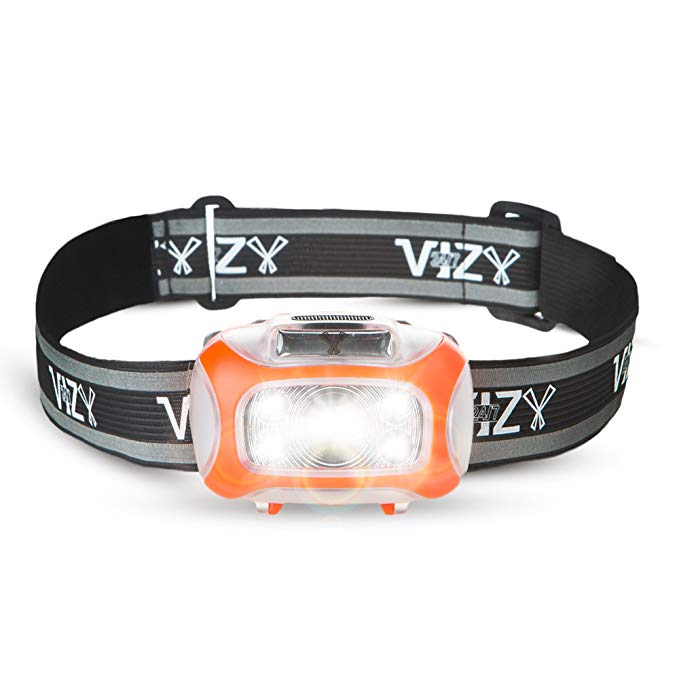 247 Viz LED Headlamp Motion Sensor - See The Road & Stay Safe - 2 Bright White & 2 Red Lights - Running, Hiking, Camping, Dog Walking Night Safety Kids - Lightweight Head Lamp Comfort