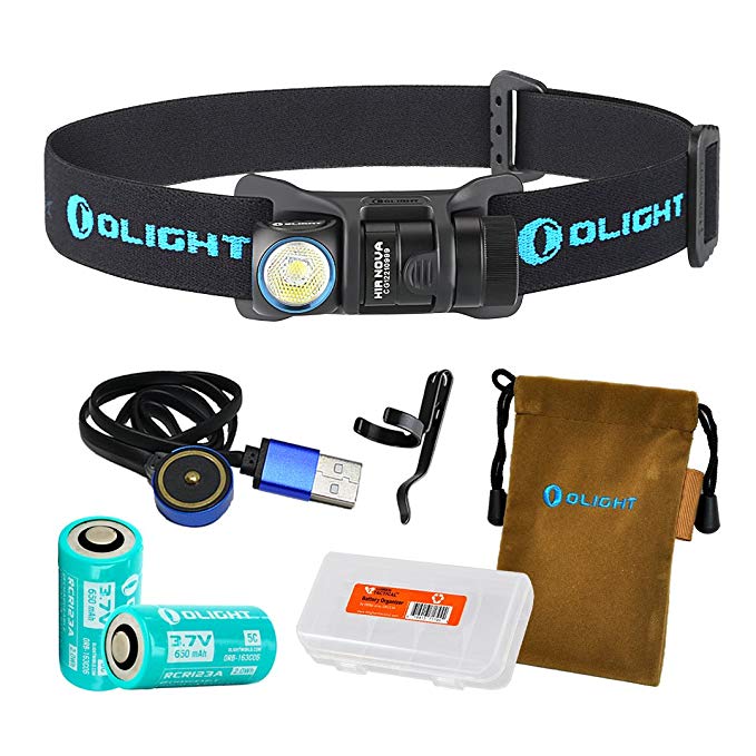 OLIGHT H1R 600 Lumens Rechargeable LED Headlamp (Multiple Color Options) w/ 2X RCR123A Batteries, Magnetic USB Charging Cable LumenTac Battery Organizer