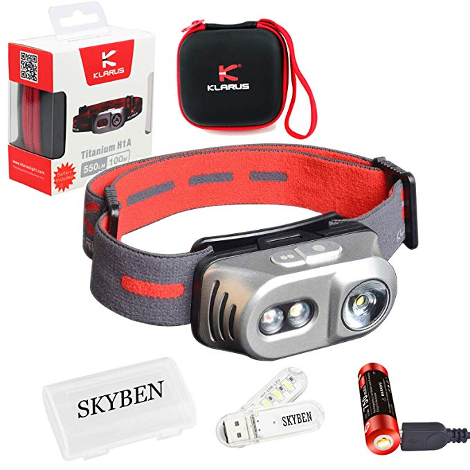 Klarus H1A 3 LED 550 Lumens Dual Switches 90 Degree Adjustable Angle Headlamp,with 14500 Battery, Headband, Carrying Case and SKYBEN Battery Case and USB Light (H1A Aluminum Alloy(Black))