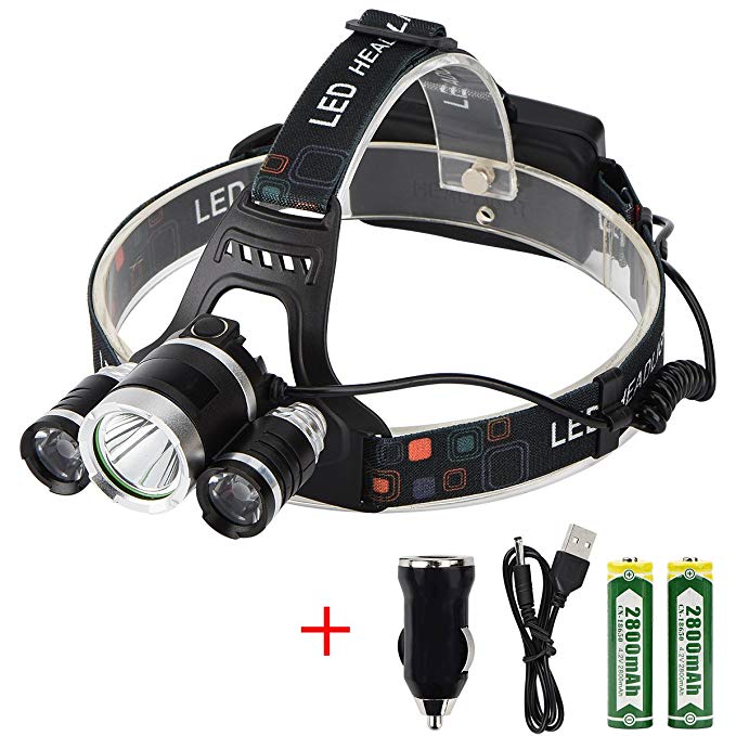 Autai LED Head Lamp Super Bright Rechargeable Headlight Battery Powered LED Head Torch Waterproof for Hiking Climbing Camping Hunting Biking Running Fishing, Batteries Included