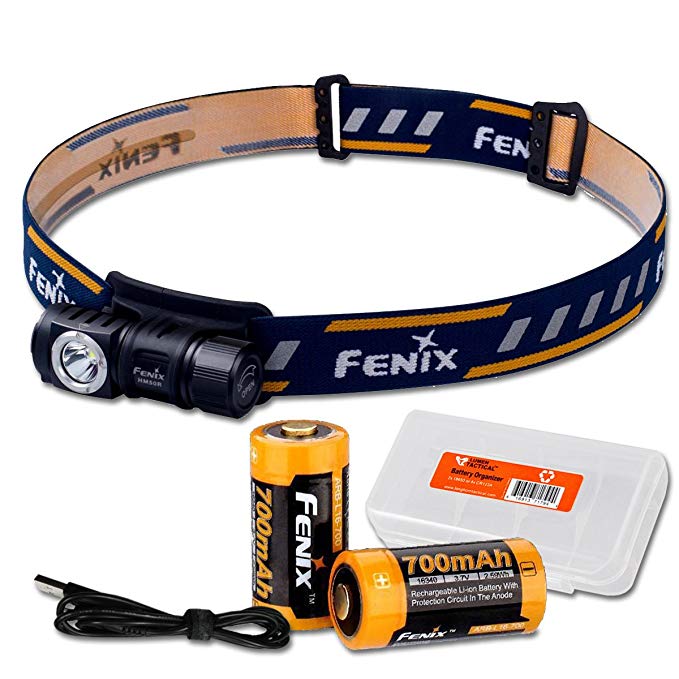 Fenix HM50R 500 Lumens Multi-Purpose Compact LED Headlamp Flashlight, Rechargeable Battery Plus Additional Rechargeable Battery & LumenTac Battery Organizer