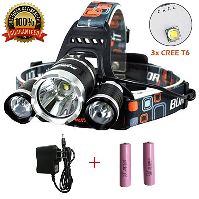 Super Bright Headlamp 15000 Lumens Best 3 T6 CREE LED Lamp Bead and Samsung 18650 3000mAh Rechargeable Li-ion Batteries,Waterproof Head Lights for Camping Running Hiking Fishing