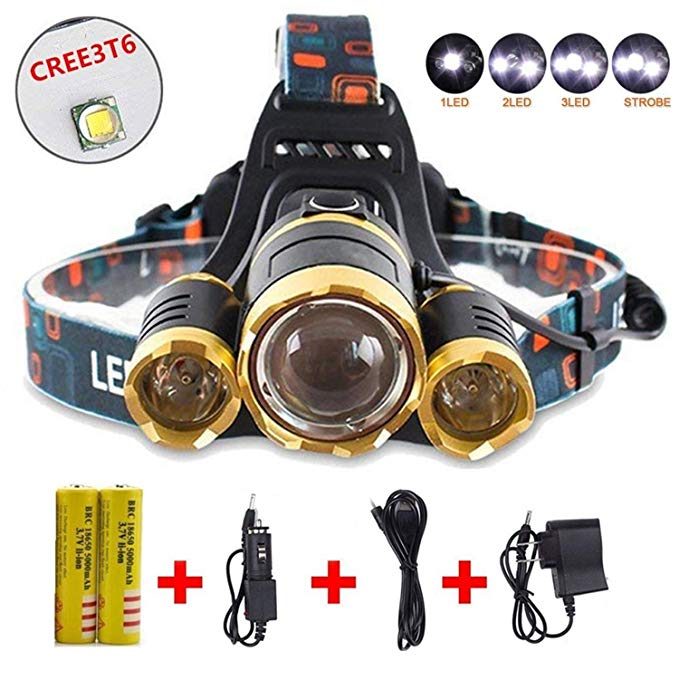 Best Headlamp Led Flashlight 6000 LM ,Super Bright Headlight Torch,Waterproof Hard Hat Light,Rechargeable 18650 headlight， 3 Light 4 Modes Zoom function -For Camping Fishing Outdoor sports-(Gold)