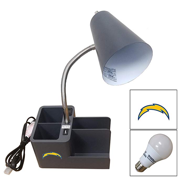 NEW! Grey Finish Organizer Table/Desk Lamp with a USB Port and Power Outlet that Features Your Choice of a Football Team Logo and a Free LED Bulb! (Chargers Yellow)