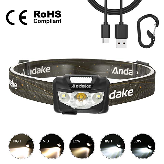 Andake 190lm LED Headlamp, 7 Modes 66g Ultralight Water Resistant with CREE Lamp Beads and 1800 mAh Battery for Hiking, Climbing, Biking, Night Running or Any Emergency