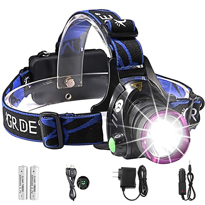 Headlamp,GRDE Rechargeable Led Headlamp Headlight Flashlight 3 Modes with Adjustable Thick Head Strap for Camping Hiking Fishing BBQ Repairing Night Walking Morning Running(Purple)