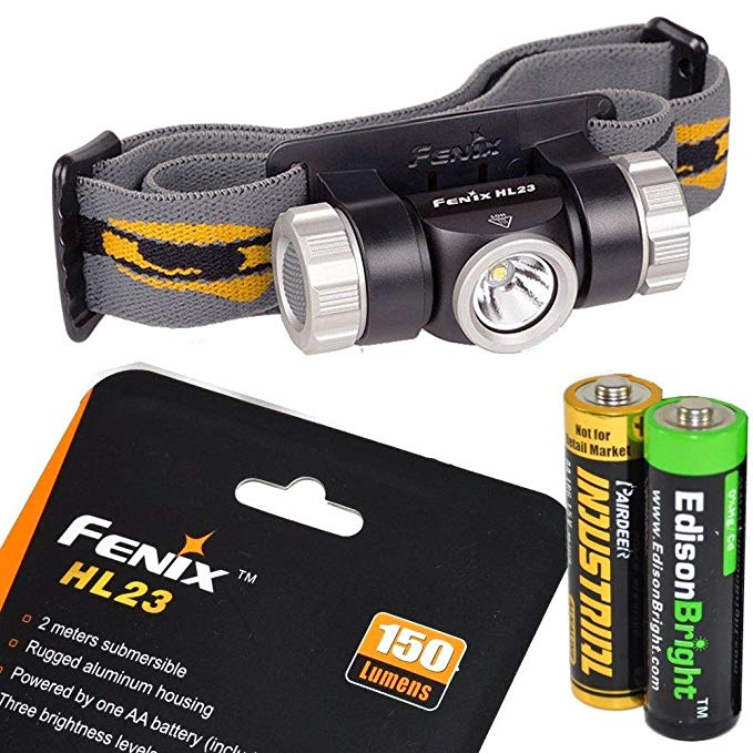 Fenix HL23 150 Lumen light weight CREE XP-G2 R5 LED Headlamp (Cadet Grey color) with EdisonBright AA alkaline battery bundle