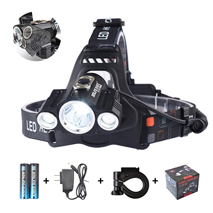 Smiling Shark 5000 Lumen Super Bright LED Headlamp, 4 Modes Waterproof Headlight, Rechargeable 18650 Batteries, Charger, Bicycle Clip for Outdoor Sports