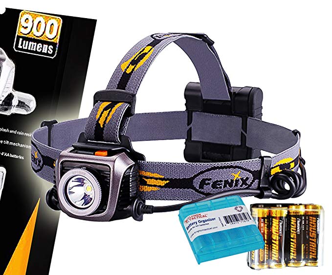 Fenix HP15UE (HP15 UE) Ultimate Edition 900 Lumens Iron Gray Expedition Headlamp with 4x AA Batteries and LumenTac Battery Organizer Sample