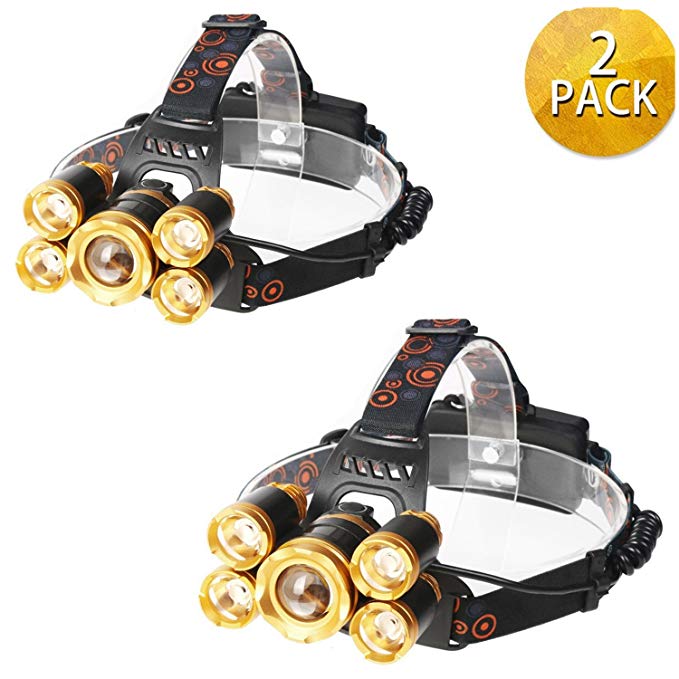 Brightest Led Headlamp Flashlight 8000 Lumens，Waterproof Hard Hat Light，Super Bright 5 LED，IMPROVED LED with Rechargeable Batteries for Camping Biking Hunting Fishing Outdoor(2PC Gold)