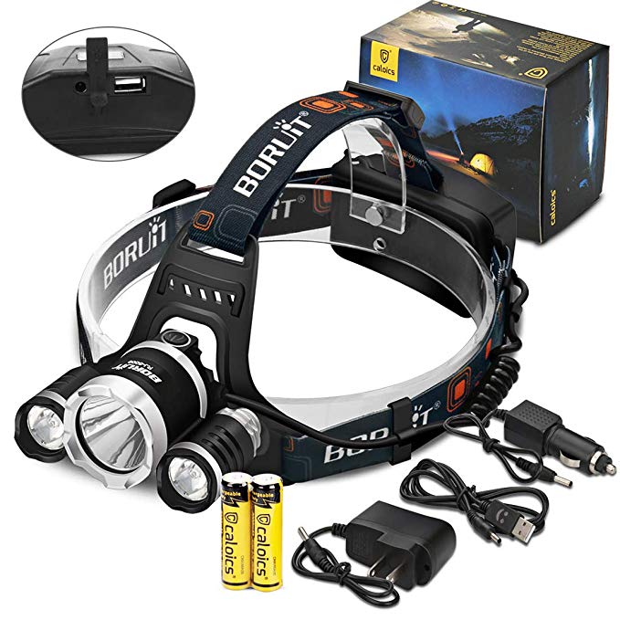 C CALOICS Boruit LED Headlamp Original Cree XML L2 8000 Lumens Waterproof Headlight Rechargeable 18650 Batteries Bright Adjustable Hands-Free Flashlight Camping Running Hunting Reading (RJ5000)