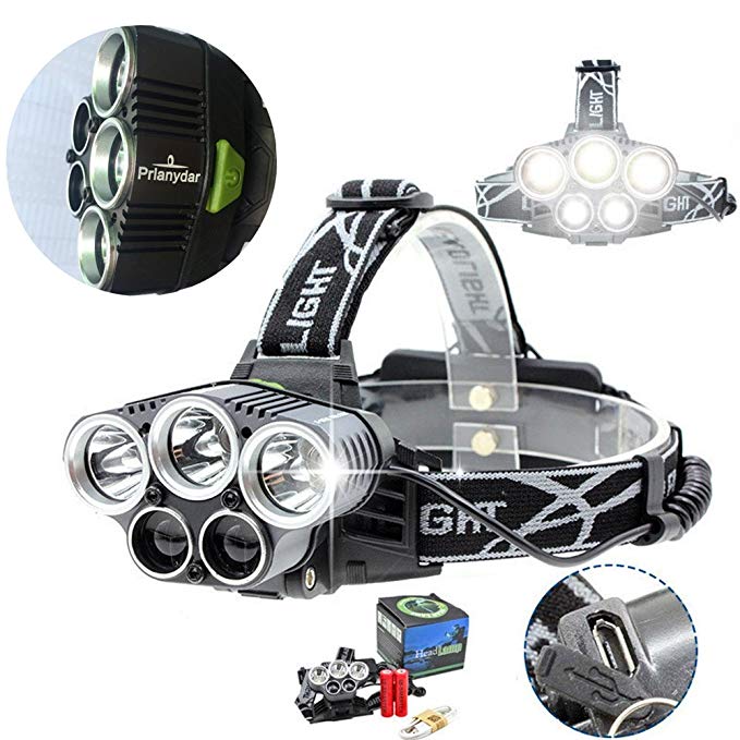 PRLANYDAR Headlamp 5 LED XM-L T6 XPE Headlight 15000 lumens LED USB Headlamp Camp Hike Emergency Light Fishing Outdoor+USB Cable Charger+18650 Batteries