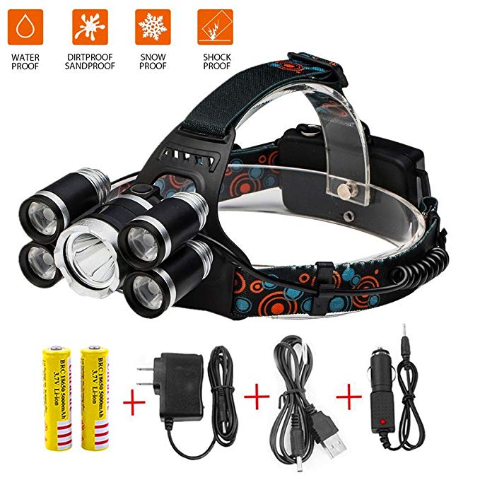 Super Bright 8000 lumens Led Headlamp Flashlight ,Waterproof Hard Hat Light,5 Lamp Fishing Headlight Torch, Mproved Led with rechargeable batteries for camping / travel / cycling /adventure（Silver）