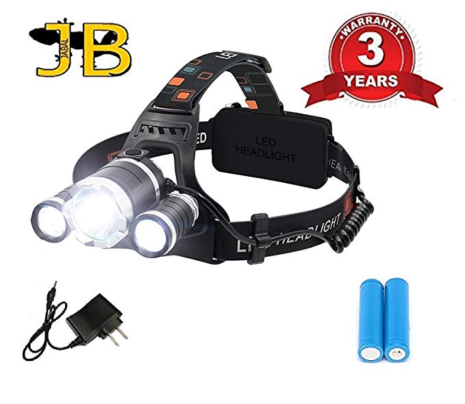 JABAL Rechargeable Bright Tactical 5000 Lumen High Home Outdoor LED Headlamp Headlight Flashlight. 4 Modes w/ 3 Cree T6 LED, Waterproof Rechargeable 18650 Battery. Great for Hiking, Camping, Hunting.