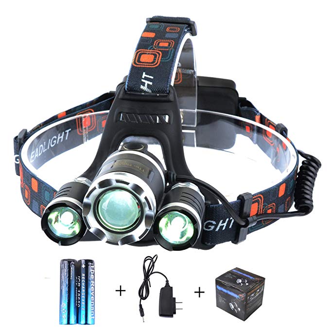 The Revenant Super Bright LED Headlamp Headlight 5000 Lumens 4 Modes 3 CREE XM-L T6 Zooomable Waterproof, Rechargeable Battery & Charger