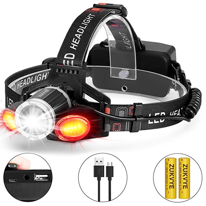 ZUKVYE Rechargeable LED headlamp, Super Bright LED Headlight Flashlight 6000 Lumen Zoomable Waterproof Red for Cycling, Running, Dog Walking, Camping, Hiking, Fishing, Night Reading and DIY Works