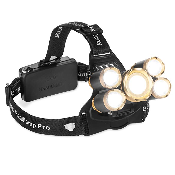 KUAGEAR Rechargeable Headlamp - Headlamp Flashlight LED Headlight - With 5 Bright Cree Bulbs, Head lamp Rechargeable, Focus And Angle Adjustable Lights, Waterproof, Walking, Hiking, Hunting Pro 1710