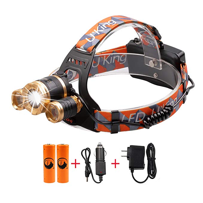 Headlamp Waterproof,3200 Lumen Brightness Zoomable Headlight Helmet Light LED with Batteries and Car Wall Chargers for Outdoors Sports Camping Riding Fishing Hunting Reading (Gold-B)