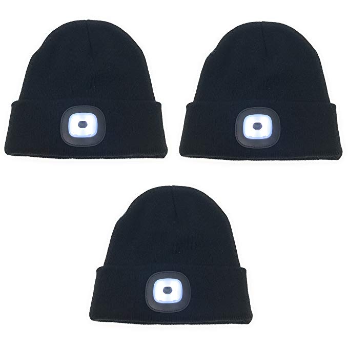 3-Pack Bulk LED Knit Beanie Stocking Caps/Camping Light/Flashlight - incl batteries - Perfect for skiing, running, hiking, camping, or around the house