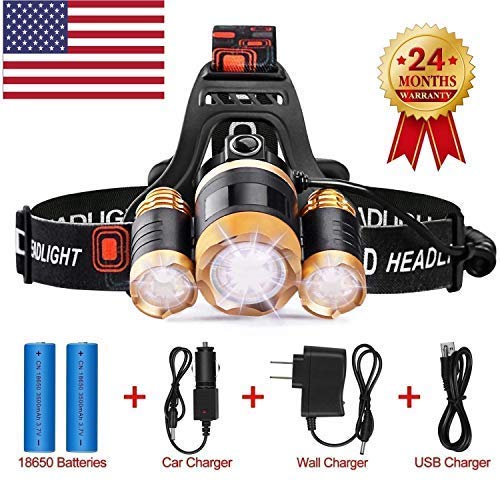 Brightest and Best LED Headlamp American Design 6000 Lumen flashlight-IMPROVED CREE LED Rechargeable 18650 headlight flashlights Waterproof Hard Hat Light Bright Head Lights Camping Running headlamps