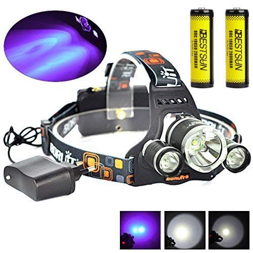 BESTSUN Tactical Blacklight Headlamp UV-Ultraviolet LED (1x Cree T6 White LED and 2 x UV LEDs) 4 Modes 395-410nm 18650 Rechargeable Leak detector and Cat-Dog-Pet Urine Detector (with Chager & Battery)