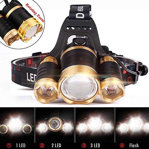 Werleo 5000 Lumen 3 CREE T6 LED Super Bright Focus Zoom Headlamp Flashlight High Power Waterproof Headlight Torch for Hunting Hiking Running Camping Fishing Riding & Rechargeable Battery Wall Charger