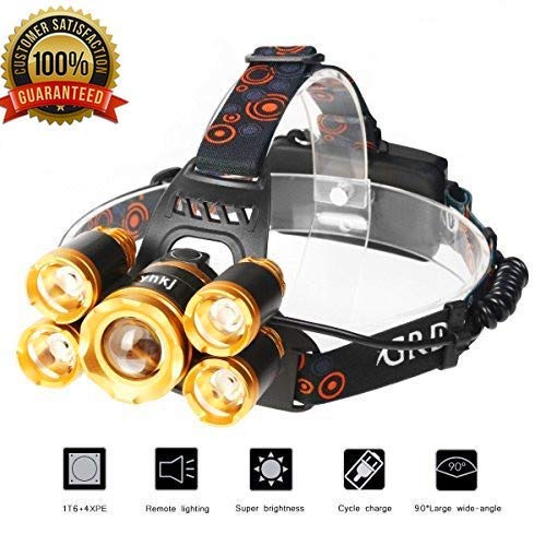 Led Headlamp Flashlight,Super Bright 8000 LM18650 Headlight Torch,Waterproof Hard Hat Light,Adjustable focus 5 Light headlights with Rechargeable Batteries,Best tool for Outdoor sports Hunting （Gold）