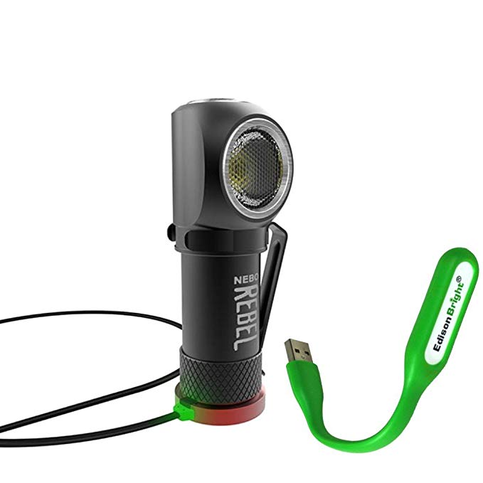 Nebo Rebel 240 lumen LED headlamp/work light 6691 USB rechargeable with magnetic base, with EdisonBright USB powered reading light bundle