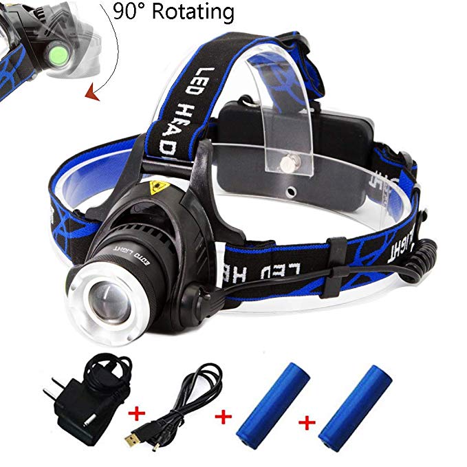 EOTO LIGHT Rechargeable Headlamp,1800 Lumens Zoomable Waterproof LED Head lamp flshlight, Hands-Free Headlight Torch Lamp Hunting Hiking Camping Fishing Reading Running Cycling