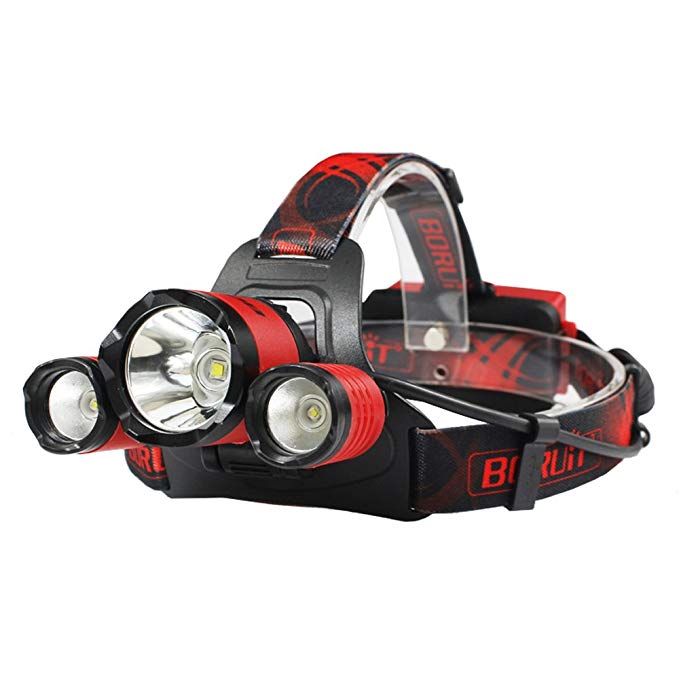 Boruit Upgraded B21 LED Micro USB Headlamp, 4 Modes Headlight White Light, Battery Powered Helmet Light, Sos Whistle Zoomable Red Color Headlamp for Camping, Hiking,18650 PCB Batteries Included