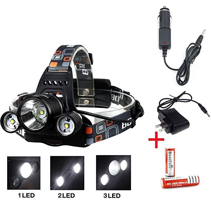 Skycoolwin 5000 Lumen Bright Headlight Light Headlamp Flashlight Torch Head Lamp 3 CREE XM-L XML T6 LED with Rechargeable Batteries and Wall Charger for Hiking Camping Outdoor Riding Night Fishing Hunting Night Riding