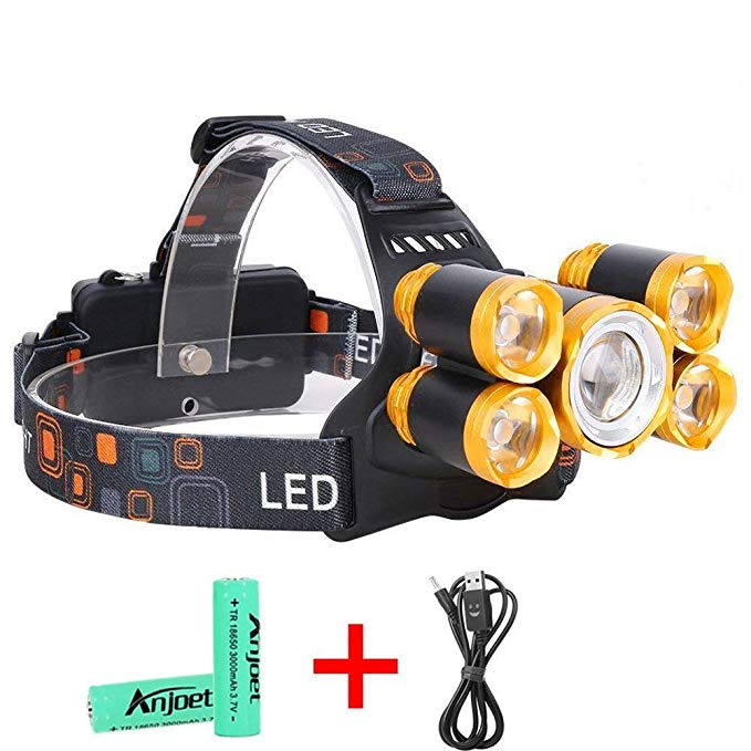 LED Headlamp Geefawa Super Bright 5 LED High Lumen Rechargeable Zoomable Waterproof Head Torch Headlight Flashlight for Outdoor Hiking Camping Hunting Fishing Cycling Running Walking