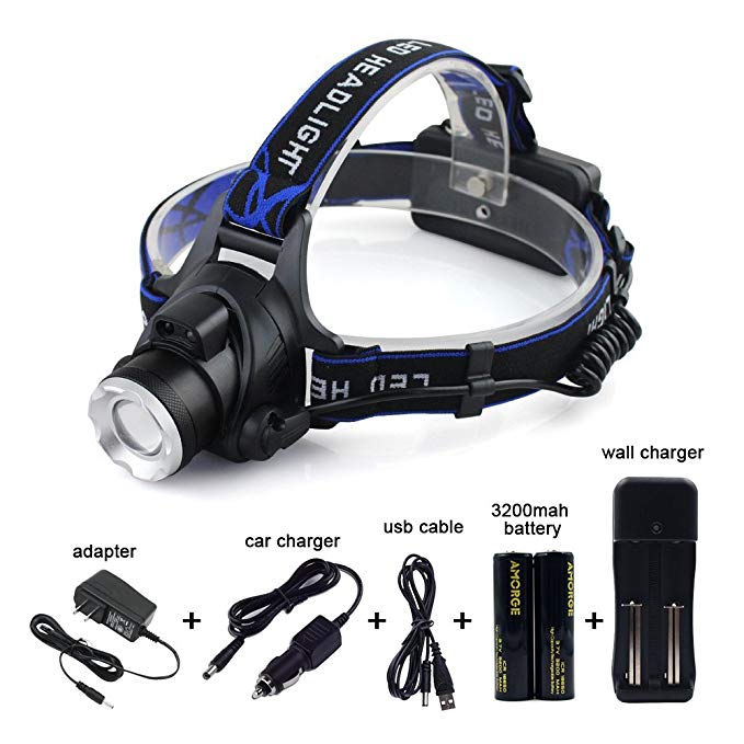 Headlights Zoomable 3 Modes Super Bright LED Headlamp with Rechargeable Batteries, Car Charger, Wall Charger and USB Cable