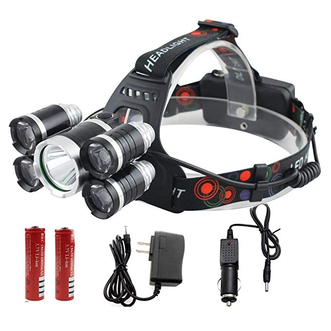 2017 new Waterproof zoomable Headlamp, 5 Led Bulbs , flashlight, headlamp, rechargeable battery li-ion 8000 lumen CREE T6+4XPE 4 mode, Best for Camping, Biking, Hunting, Fishing, mining.