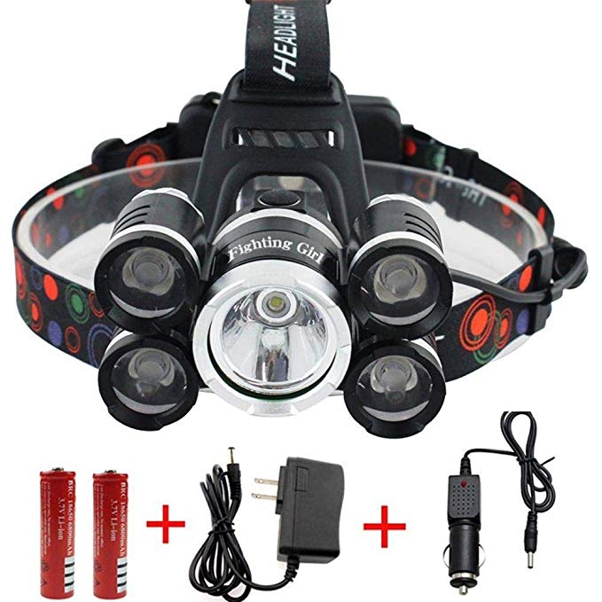 Waterproof 12000 Lumen 5 Led Headlamp XML T6+4Q5 Head Lamp Powerful Led Headlight,18650 Rechargeable Batteries, Car Charger, Wall Charger and USB Cable