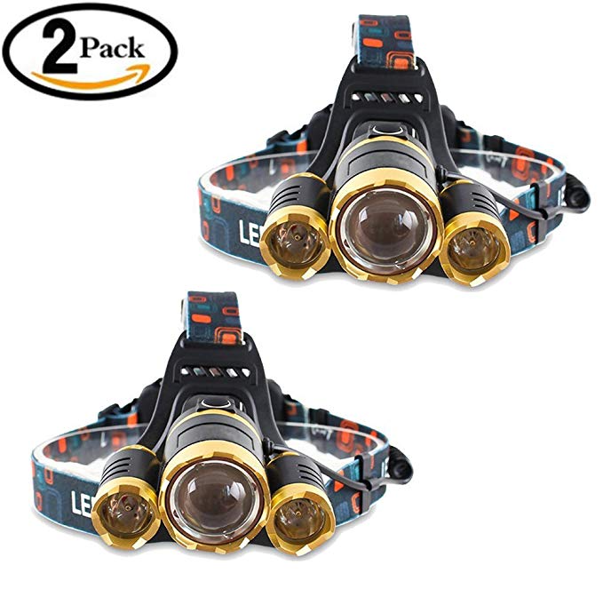 2 Pack Brightest LED Headlamp 6000 Lumen flashlight - IMPROVED LED, Rechargeable 18650 headlight flashlights, Waterproof Hard Hat Light, Lumen Bright Head Lights, Running or Camping headlamps