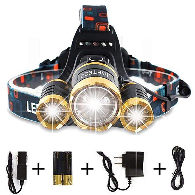 Lightess Headlamp LED 6000 Lumen Bright Headlight Rechargeable Outdoor Waterproof Headlamps Zoomable Flashlight Hand-free Torch