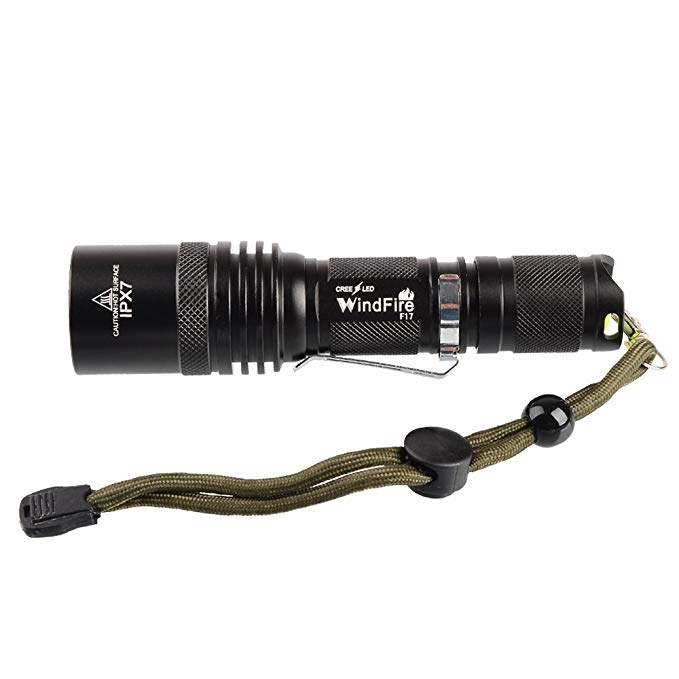 WindFire F17 2000LM 5 Modes Cree T6 XM-L Led Waterproof Flashlight Camping Spotlight 18650 Rechargeable Torch Lamp With Clip and Lanyard Strip for Hiking Biking Fishing (Battery and charger included)