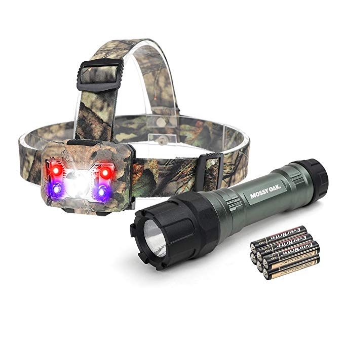 Mossy Oak Tatical LED Flashlight Shock-proof 300 Lumens and Headlamp 200 Lumens, Battery Powered Helmet Light Combo Kit for Camping, Running, Hiking and Reading, 6 AAA Alkaline Batteries Included