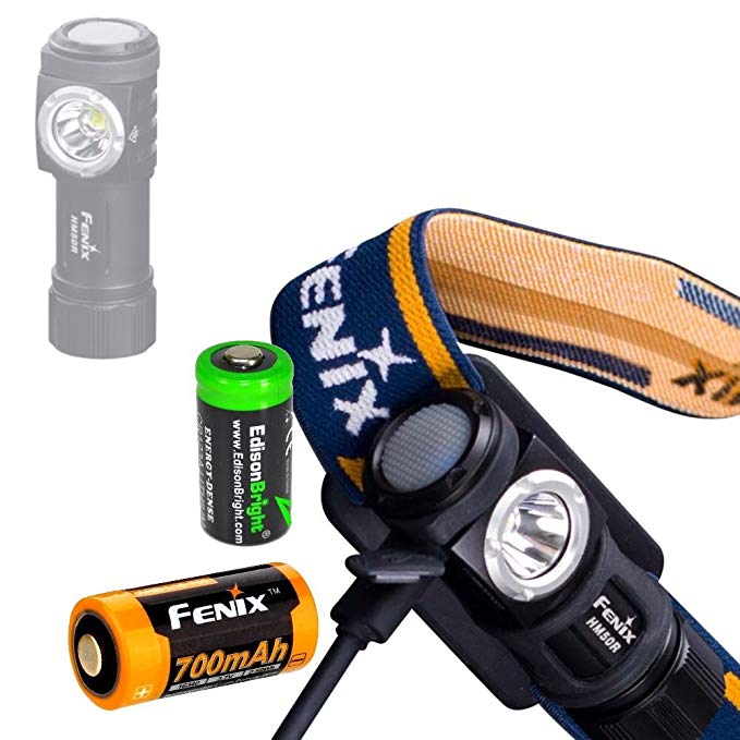 Fenix HM50R 500 Lumen USB rechargeable CREE LED multipurpose Headlamp with EdisonBright CR123A Lithium back-up battery bundle