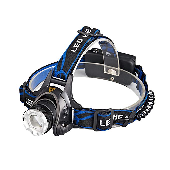 LED Headlamp with Zoomable 3 Modes 1800 Lumens Light - CREE T6 LED Waterproof Headlight Head Torch Flashlight with Charger and 18650 Rechargeable Batteries for Outdoor Camping Hunting Running Hiking