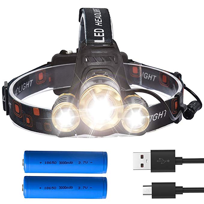 Gracetop LED Headlamp 3-light Max Bright 5000 Lumens 4 Mode Zoomable Focus Headlight with 2pcs 18650 Battery