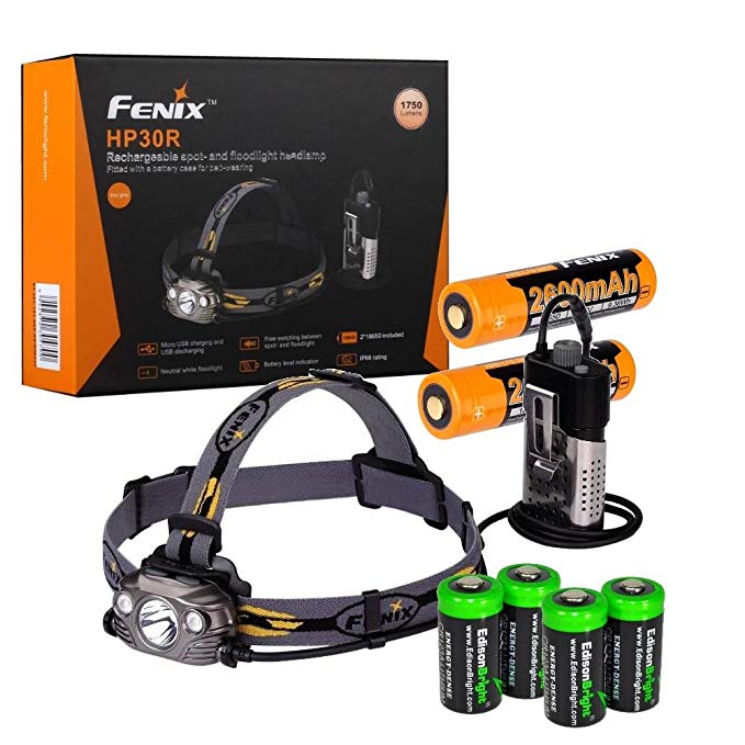 Fenix HP30R 1750 Lumen CREE LED Headlamp (Black color body) 2 X Fenix 18650 Li-ion rechargeable batteries and Four EdisonBright CR123A Lithium batteries bundle