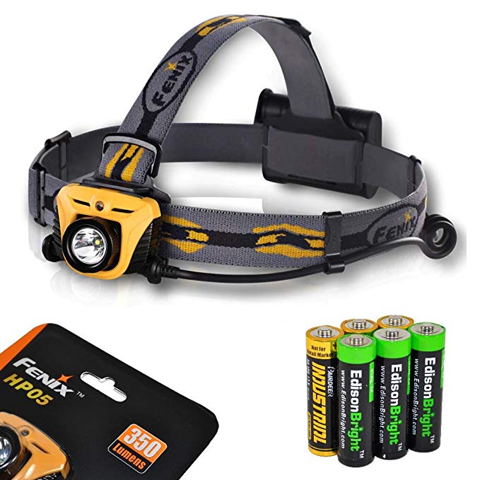 Fenix HP05 350 Lumen CREE XP-G R5 LED Headlamp (Orange) with six AA Alkaline batteries including three EdisonBright AA batteries