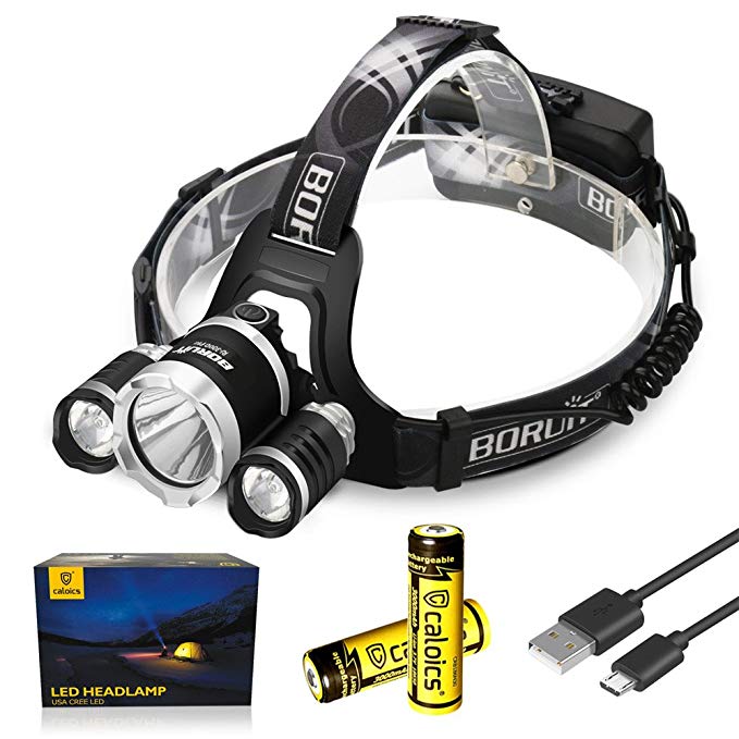 Boruit LED Headlamp 3xOriginal Cree XML T6 5000 Lumens Waterproof Headlight with Rechargeable 18650 Batteries Bright Adjustable Hands-Free Flashlight for Camping Hunting (RJ3000PLUS Black)