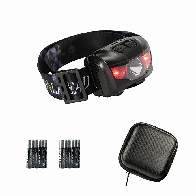 Lightweight LED Headlamp, Head Torch, Flashlight with 6 AAA Batteries, 2 Red Flash Lights, Portable and Hard Case, Adjustable Lighting Beam and Strap, Water Resistant(black)