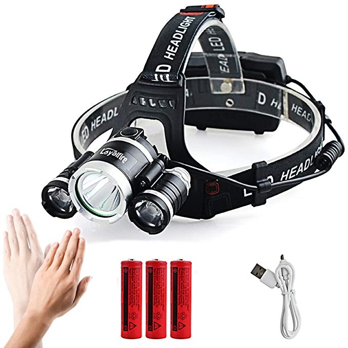 Motion Sensor Headlamp, Loyalfire 6000 Lumens 3 Headlamp XML-T6 Bright Light 4 Modes Waterproof Headlight Flashlight with Induction Power Bank 18650 Battery USB Rechargeable for Camping Running Hiking