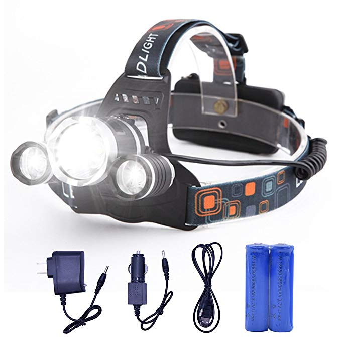 LED Headlamp, 6000 Lumens 4 Modes with 3 Light Bulbs Waterproof Head Flashlight Use for Hiking Camping Fishing Running Cycling (2 Piece 5800mAh High Power Rechargeable 18650 Battery Included)