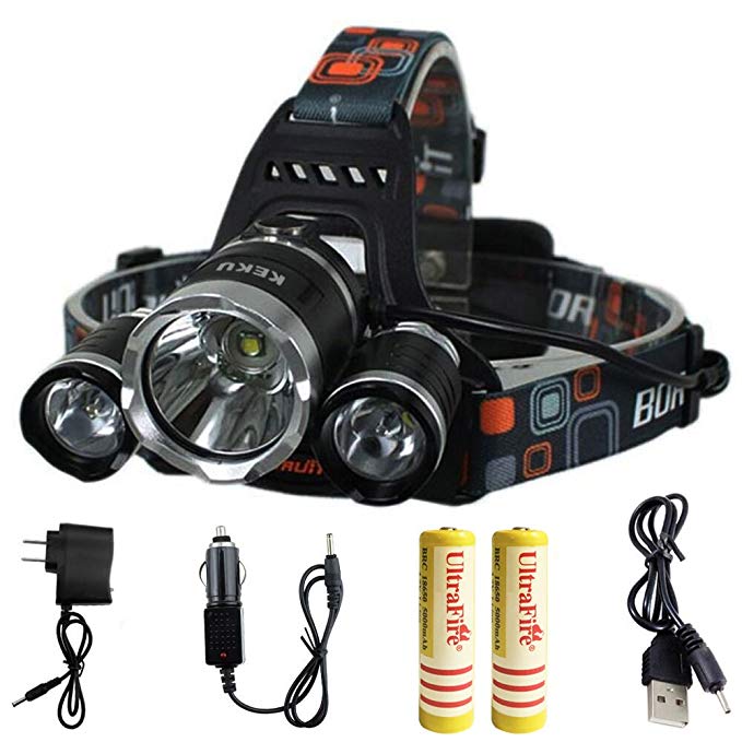 KEKU High Power LED Headlamp(5000 Lumens MAX) Rechargeable Waterproof HeadLamp Flashlight on the head headlamp with 3 Xm-l T6 4 Modes,Wall Charger and Car Charger for Outdoor Sports