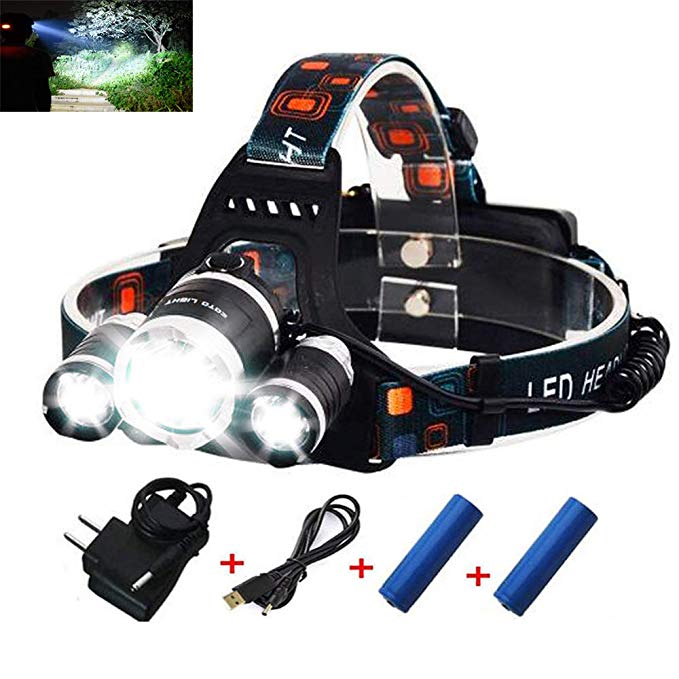 EOTO LIGHT Rechargeable Headlamp,Bright Waterproof LED Headlight Flashlight Torch with 3×T6 Lampwick for Reading Outdoor Running Camping Fishing Walking Hunting Hiking